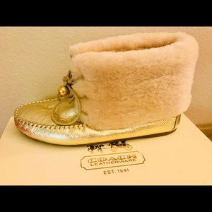 Coach furry gold slippers boots sz 8